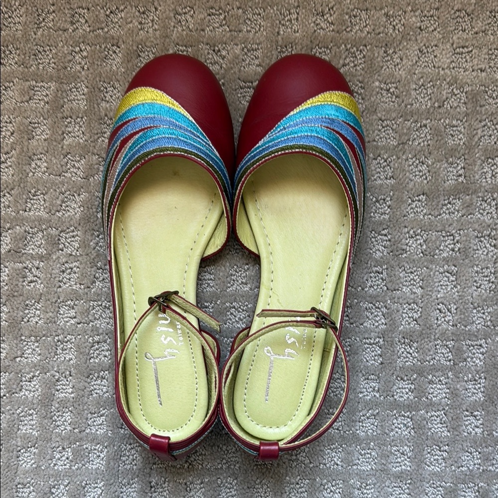 Beautiful and Unique Red Leather Multicolor Strappy Ballet Flats